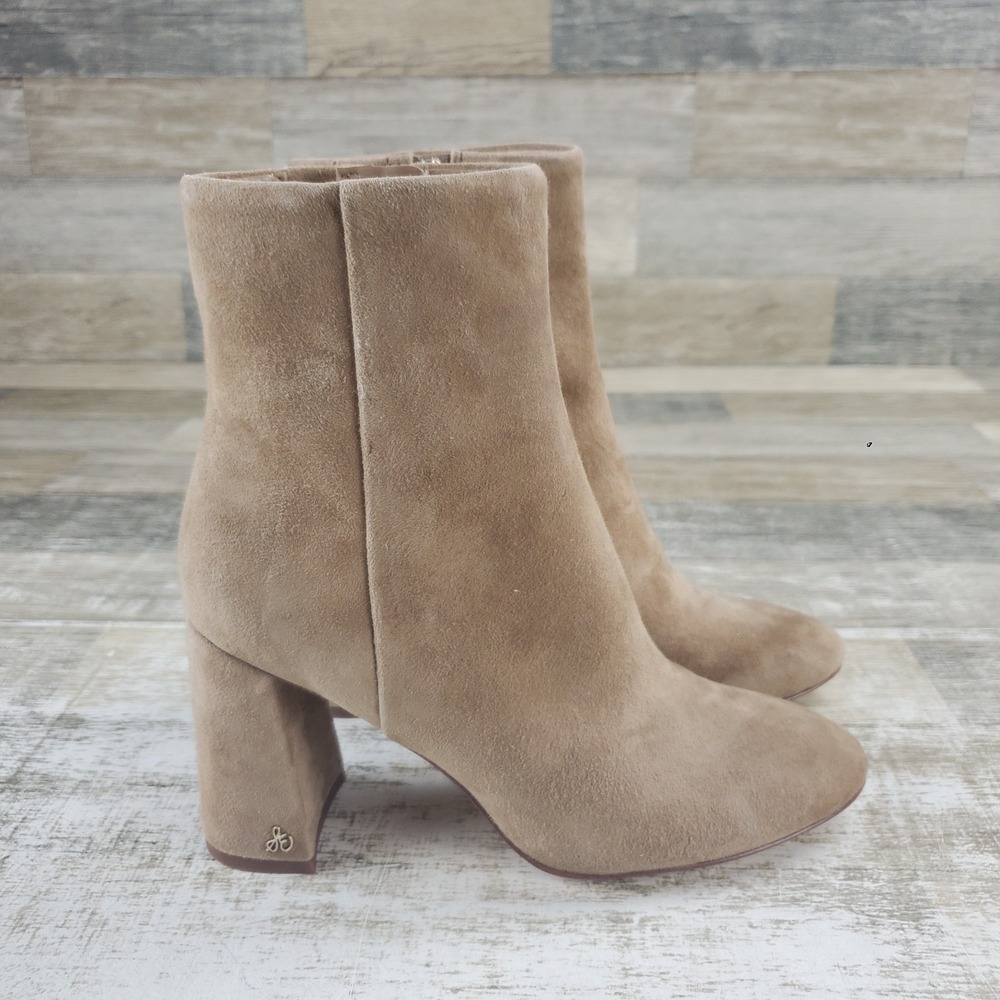 Sam Edelman Donna Womens Ankle Bootie Sz 6.5 M Taupe Suede Side Zip Block Heel